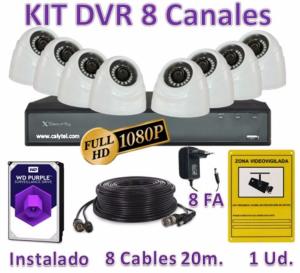 KIT HDCVI CON 8 CÁMARAS DOMO HD 1080P MÁS GRABADOR HIBRIDO HD DE 8 CANALES TIEMPO REAL Y HDMI